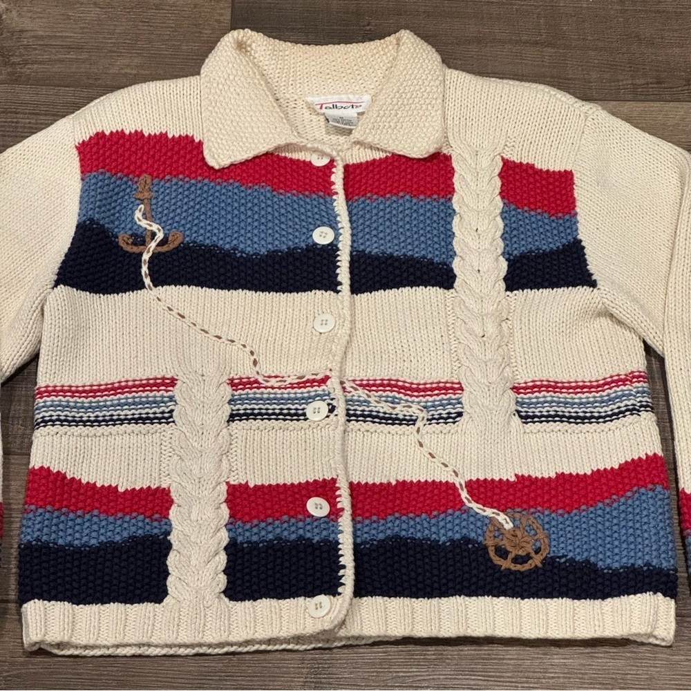 Vintage Talbots Knit Collar Nautical Cardigan Red White Blue Size Medium